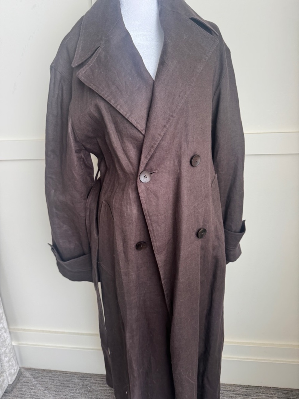 Mango Brown Double-Breasted Linen Trench Coat - Picture 7 of 16